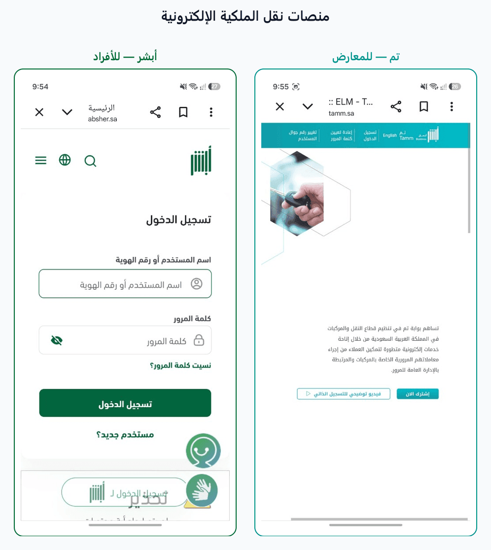 واجهتا منصتي أبشر وتم لنقل ملكية السيارة — أبشر للأفراد وتم للمعارض