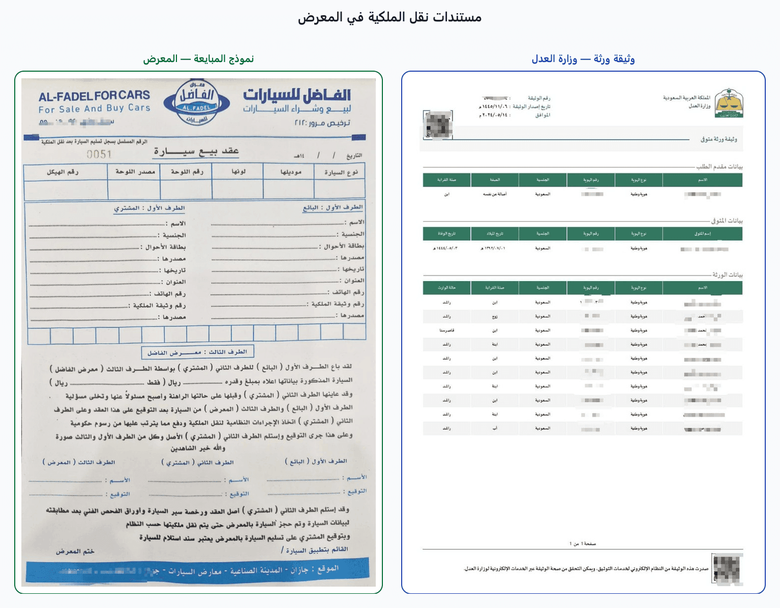 نموذج المبايعة من المعرض ووثيقة ورثة متوفى من وزارة العدل